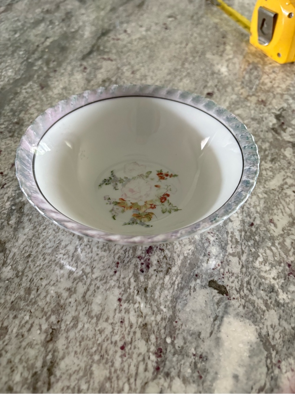 Vintage Floral Porcelain Berry Dessert Bowl Purple Marbled Rim 6” Unmarked